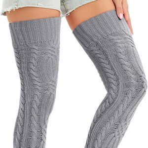 Cable Knit Thigh High Socks Extra Long Gray